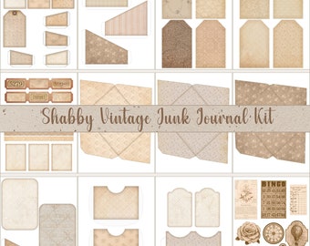 Shabby Vintage Neutral Junk Journal Kit Template - Brown Tan Bronze Printable Pockets Tags Fussy Cuts Ephemera - Digital PDF Download