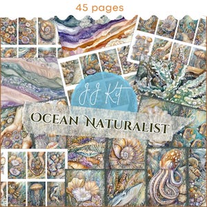 May include: A digital collage of 45 pages featuring watercolor illustrations of ocean life, including seashells, coral, jellyfish, and an octopus. The title "Ocean Naturalist" is displayed on the collage.