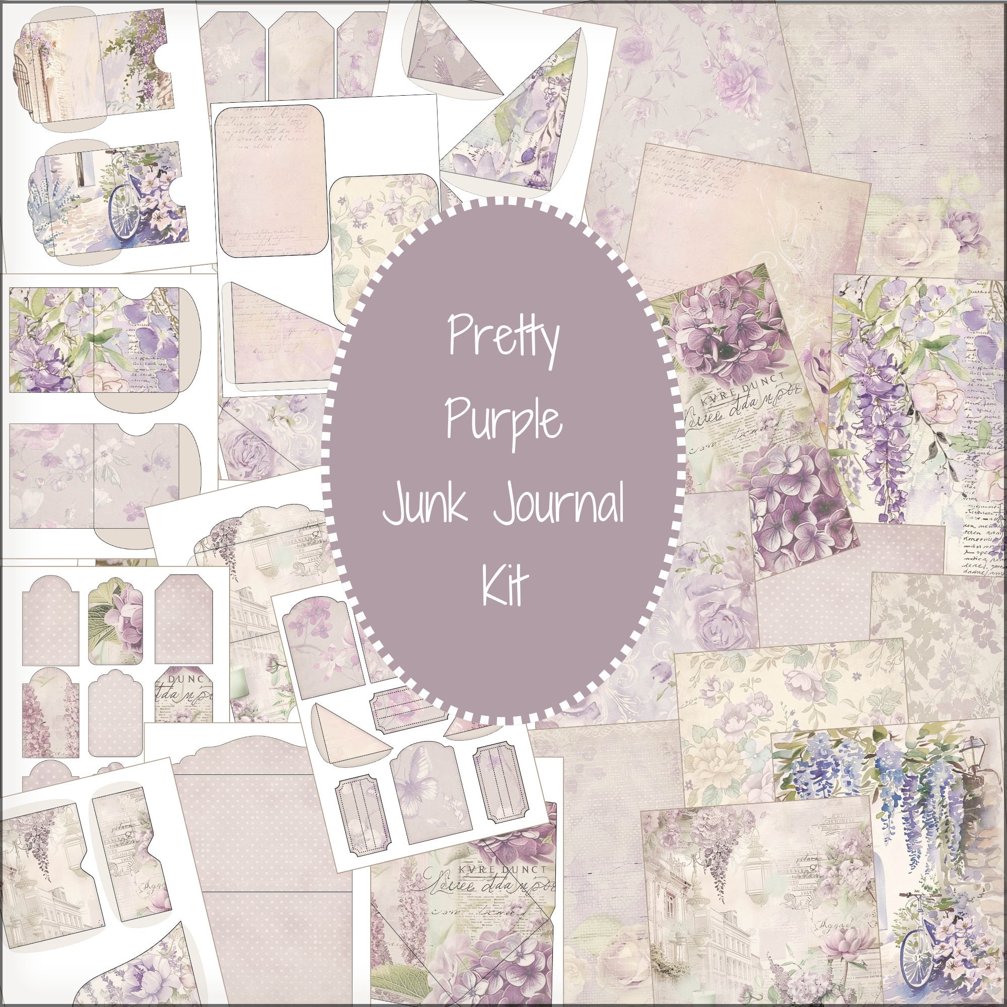 Purple Lavender Junk Journal Embellishment Kit Pockets Envelopes Tags ...