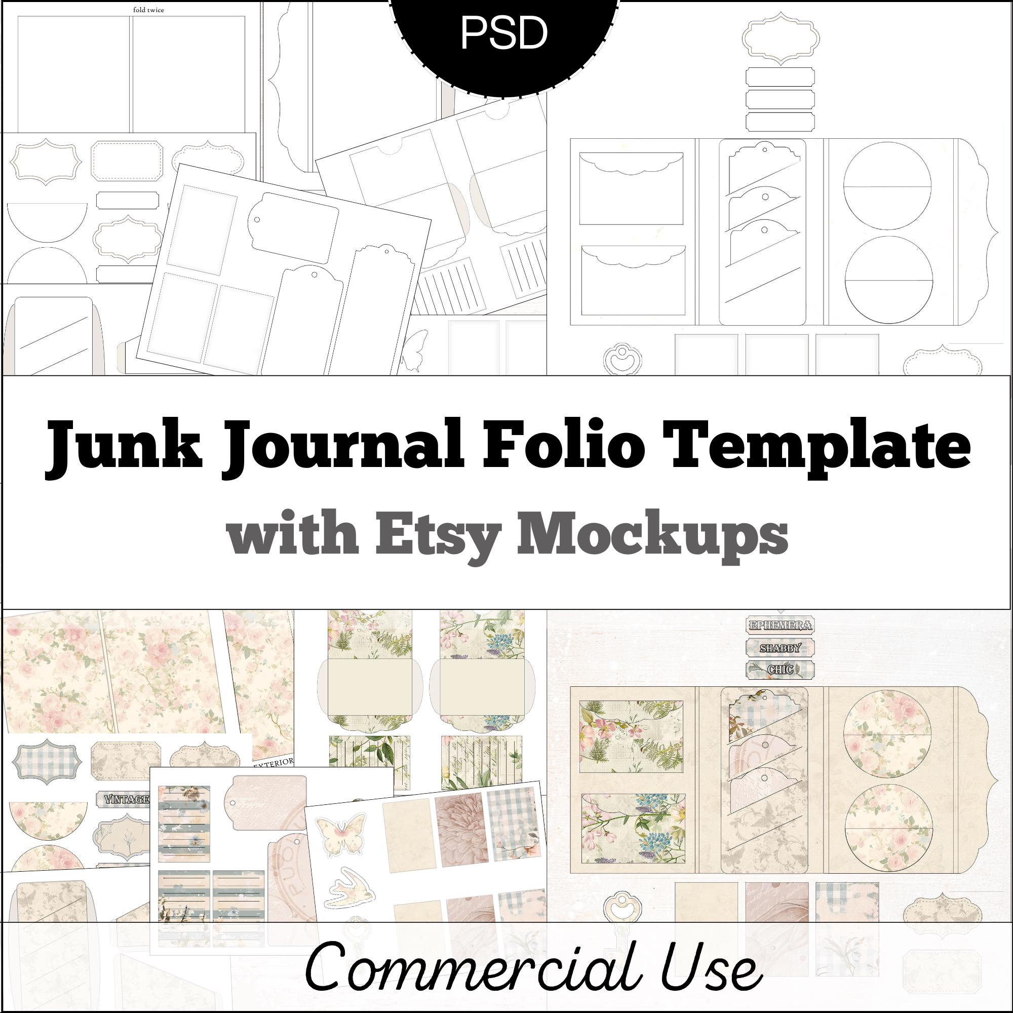 Junk Journal PSD Template & Mockup with Commercial Use Circle and Slit Pockets Photoshop Templates for Etsy Sellers