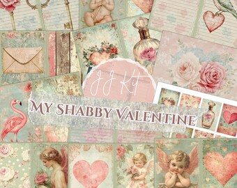 Printable Valentines Day Junk Journal Kit Shabby Chic Valentine Journal Pages Digital PDF Download