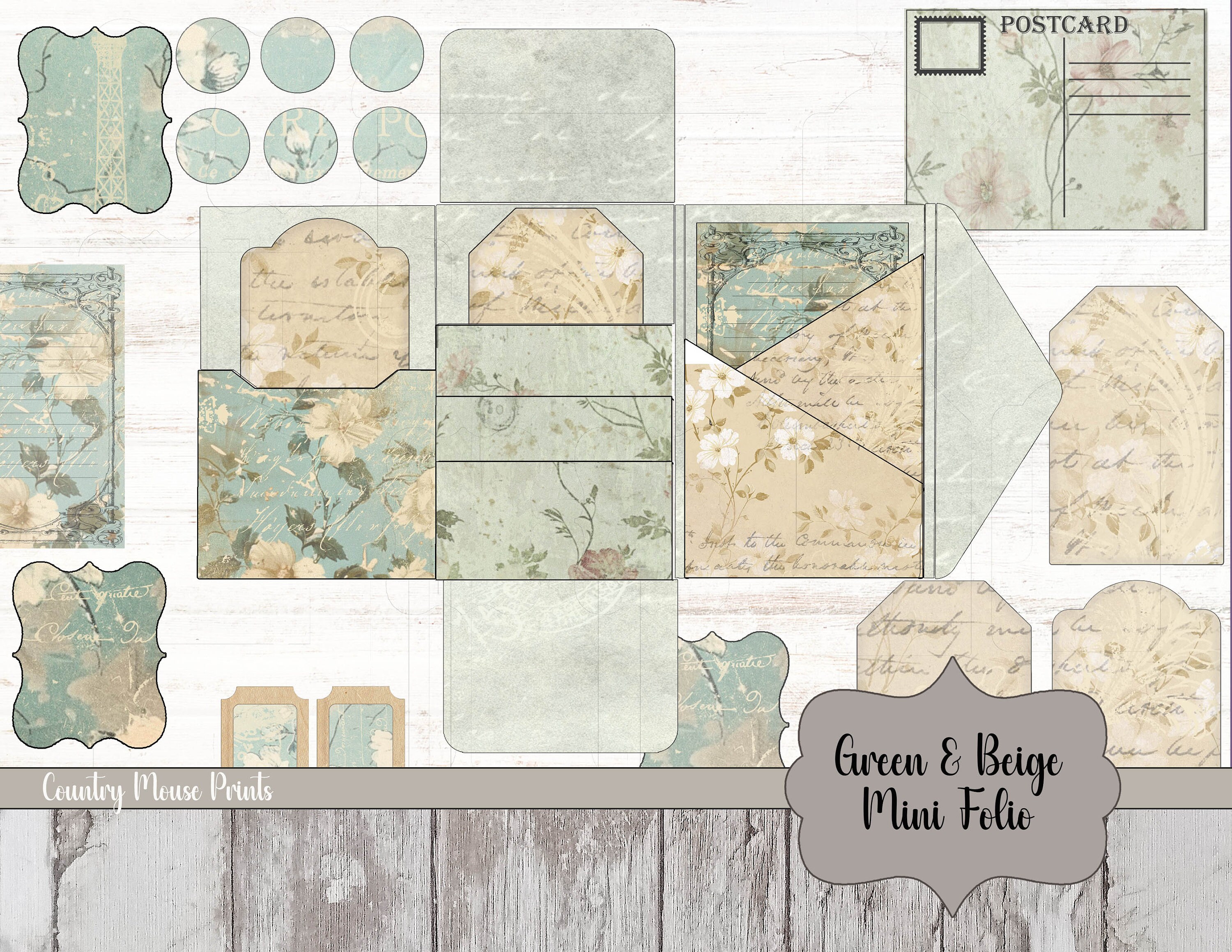 Green & Beige Mini Folio - Printable Junk Journal Kit - Shabby Chic ...