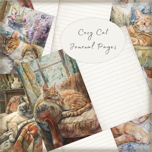 Junk Journal Cozy Cat Signature Paper, Vintage Cat Junk Journal Pages, Cat Printable Lined Pages, Digital PDF Download