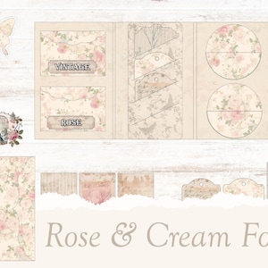 Puede incluir: Un conjunto de papel de scrapbooking y etiquetas imprimibles con un esquema de color rosa y crema. El papel incluye patrones florales y las etiquetas tienen un aspecto vintage. El conjunto incluye las palabras "Vintage" y "Rose" en el papel.