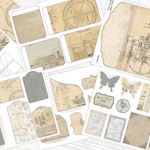May include: A set of vintage-style printable scrapbook paper featuring a variety of designs, including butterflies, gears, and handwritten text. The paper is in shades of beige, brown, and gray.