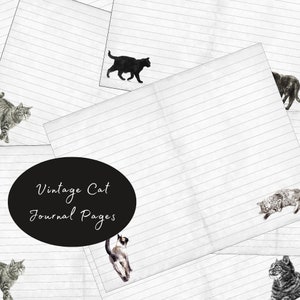 Carta con firma "Junk Journal Cat", pagine vintage per Junk Journal con gatti, pagine a righe stampabili con gatti, download PDF digitale