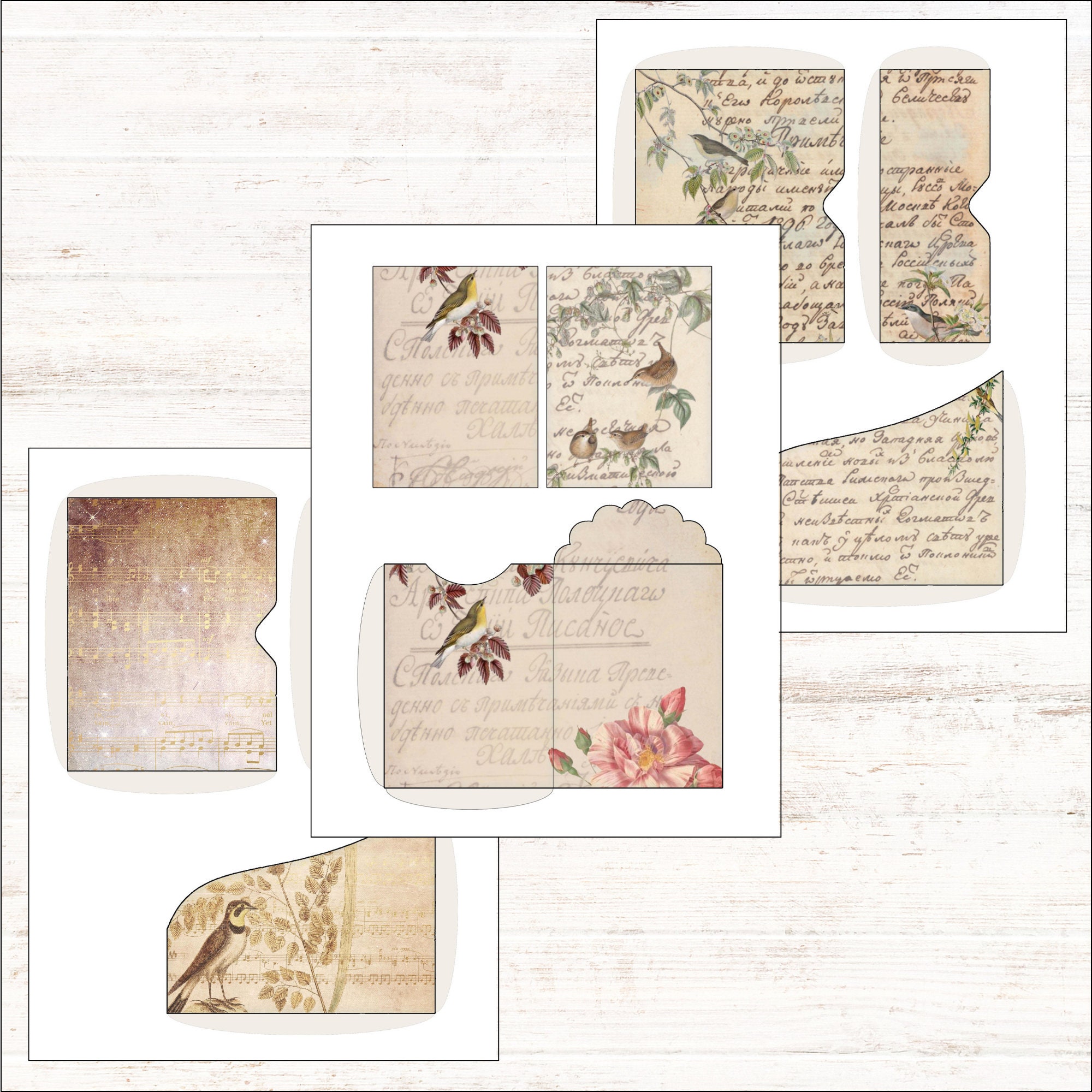 Bird Junk Journal Kit - Vintage Bird & Script Pockets Tags Envelopes ...