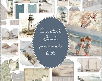 Könnte beinhalten: Ein digitales Collage-Kit mit Küsten-Thema. Das Kit enthält Bilder von Leuchttürmen, Muscheln, Möwen, Booten und Kindern, die am Strand spielen. Der Text "Coastal Junk Journal Kit" befindet sich in der Mitte des Bildes.