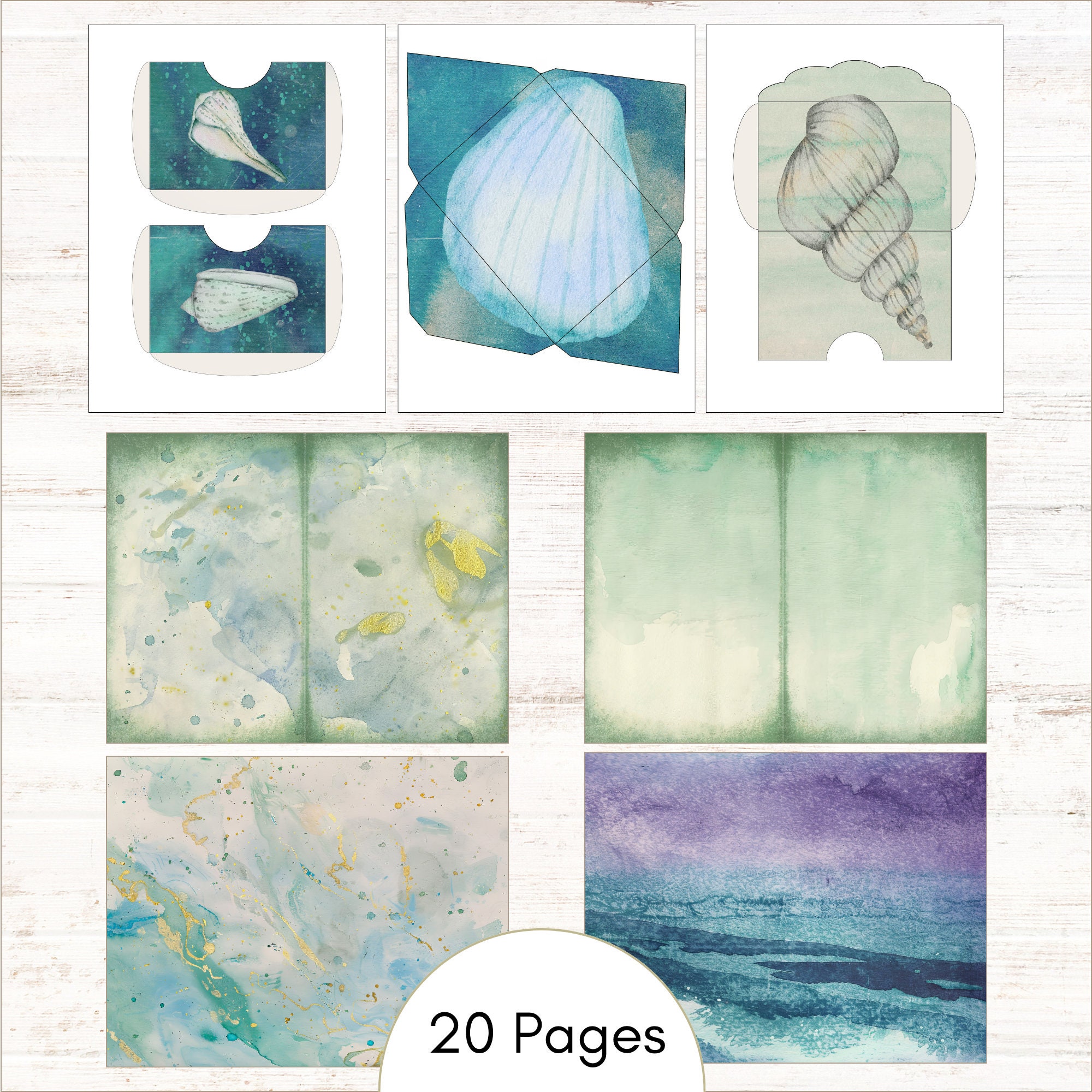Ocean Shell Junk Journal Kit - Watercolor Pockets Tags Envelopes ...