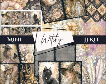 Può includere: Un kit di scrapbooking digitale a tema streghe. Il kit include 24 pagine di carte digitali, elementi e immagini. Il kit presenta un gatto nero, una luna crescente e una strega con una lanterna. Il kit è perfetto per creare pagine di scrapbooking digitale, biglietti e altri lavoretti.