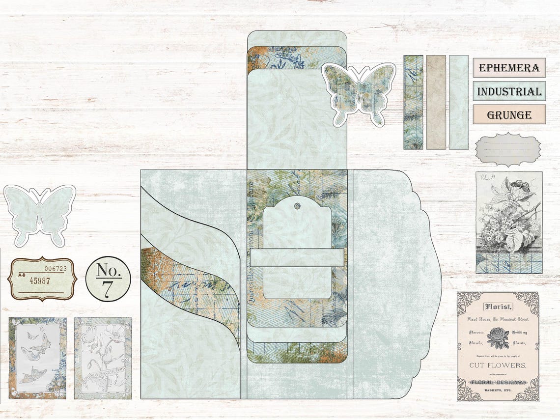 Grungy Blue Folio Junk Journal Kit Industrial Shabby Chic Ephemera ...