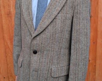 Vintage Men's Sport Coat - Harris Tweed 40R Tan Herringbone