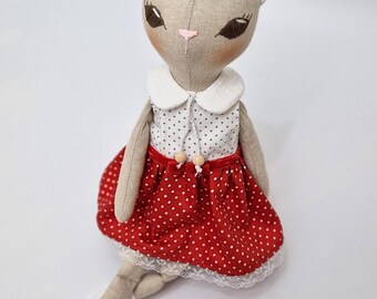 Handgenähte Stoffkatze, Kuscheltier, Abnehmbares Kleid (40 cm)