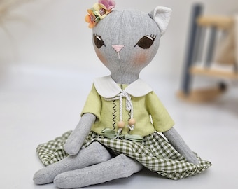 Cute Soft Cat Doll in Green Dress, 40 cm: Nice Sleep Companion and Handmade Gift for Baby, Adds a Touch of Elegance to Any Space