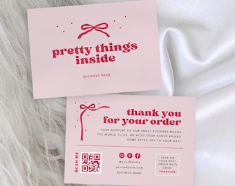 Coquette Pink Bows Business Thank You Card | Pretty Things Inside Ribbon Thank You Package Insert | Editable Canva Template | Feminine, Cute