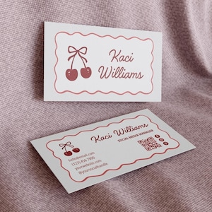 Retro Kirsche Visitenkarte Vorlage | Kirsch Schleife, Kokette Visitenkarte Canva Template | Wellenkante bearbeitbare, druckbare Visitenkarte