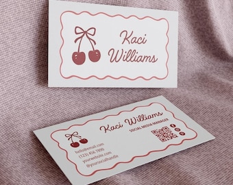 Retro Cherry Business Card Template | Cherry Bow, Coquette Business Card Canva Template | Wavy Edge Editable, Printable Business Card