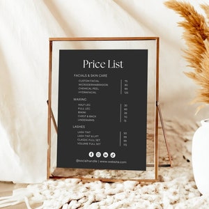 Puede incluir: Una lista de precios enmarcada en negro para un sal&oacute;n de belleza o spa. La lista incluye precios para tratamientos faciales, depilaci&oacute;n con cera y extensiones de pesta&ntilde;as. Los precios est&aacute;n en euros.