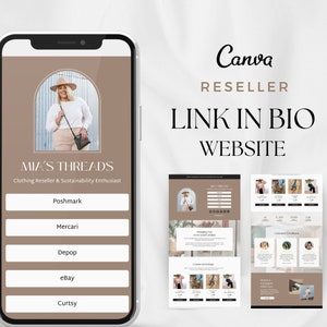 May include: A smartphone screen displays a website design with the text "Canva Reseller, Link in Bio, Website." The website features a photo of a person and links to Poshmark, Mercari, Depop, eBay, and Curtsy.
