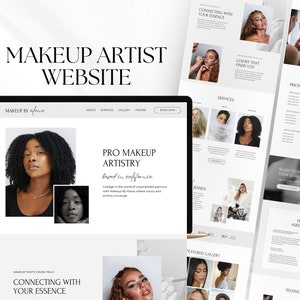May include: Website mockup for a makeup artist business called "Makeup By Alana". The website features a clean, modern design with a white background and black text. The website includes sections for about, services, gallery, pricing, and frequently asked questions. The website also features a photo of the makeup artist and a gallery of her work.