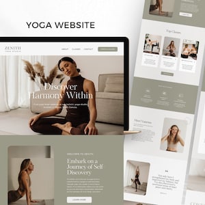 Pode incluir: Um site para um estúdio de ioga chamado Zenith Yoga Studio. O site apresenta uma foto de uma mulher em uma pose de ioga com o texto "Discover Harmony Within" e "Embark on a Journey of Self Discovery".