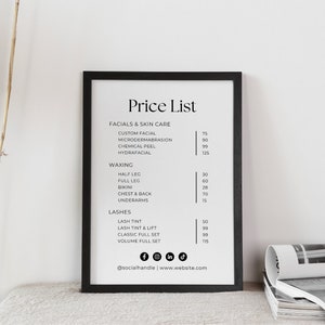 Peut inclure: Liste de prix en noir et blanc pour un salon de beauté ou un spa. La liste comprend des services tels que des soins du visage, l'épilation et les cils, avec des prix indiqués en euros.
