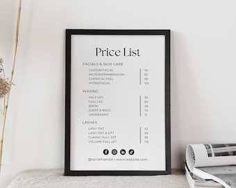 Price List Template | Canva | Service Menu, Service Price List Sign | DIY Printable Price Sheet, Flyer | Spa, Esthetician, Makeup Artist