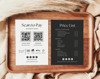 Conjunto de plantillas de letreros y listas de precios para escanear para pagar / Canva / Letrero con código QR / Letrero de pagos aceptados / Hoja de precios imprimible / Menú de servicios
