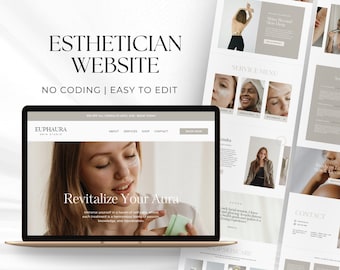 May include: A website mockup for an esthetician business called Euphraura Skin Studio. The website features a light brown background with a white header and a large image of a woman applying a face mask. The text "Revitalize Your Aura" is displayed in a large font on the website.