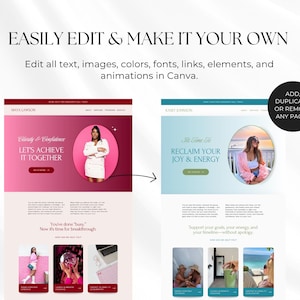 May include: Image showcasing two website mockups with the text "EASILY EDIT & MAKE IT YOUR OWN." The first mockup has a pink and white theme, while the second has a blue and white theme. The text "Clarity & Confidence" and "Reclaim Your Joy & Energy" are visible.