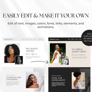 Puede incluir: Una maqueta de sitio web para una maquilladora, que muestra dos dise&ntilde;os de p&aacute;gina diferentes. La primera p&aacute;gina presenta una foto en blanco y negro de una mujer con un pie de foto que dice "Connecting with your essence". La segunda p&aacute;gina presenta una foto de una mujer con un vestido blanco con un pie de foto que dice "Unveil your natural beauty".