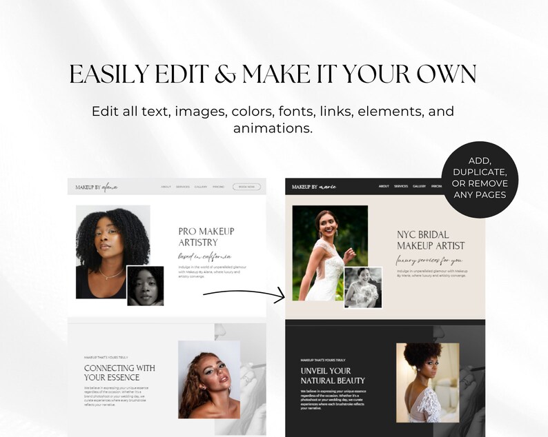 Puede incluir: Una maqueta de sitio web para una maquilladora, que muestra dos dise&ntilde;os de p&aacute;gina diferentes. La primera p&aacute;gina presenta una foto en blanco y negro de una mujer con un pie de foto que dice "Connecting with your essence". La segunda p&aacute;gina presenta una foto de una mujer con un vestido blanco con un pie de foto que dice "Unveil your natural beauty".