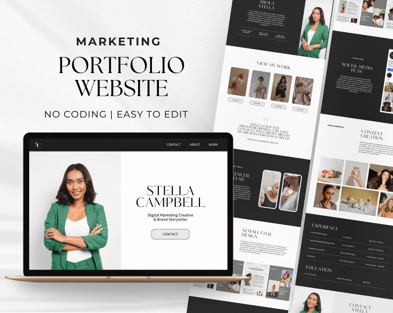 K&ouml;nnte beinhalten: Ein Laptop-Bildschirm zeigt eine Website f&uuml;r eine digitale Marketing-Kreative und Marken-Storytellerin namens Stella Campbell. Die Website hat ein Schwarz-Wei&szlig;-Farbschema mit einem minimalistischen Design. Die Website enth&auml;lt Abschnitte f&uuml;r &Uuml;ber uns, Arbeit, Kontakt und ein Portfolio.