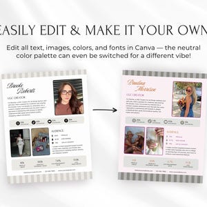 Pode incluir: Dois modelos de maquete para criadores de UGC. Os modelos est&atilde;o em um fundo branco com uma borda listrada. O texto "EASILY EDIT & MAKE IT YOUR OWN" est&aacute; no topo. Os modelos incluem fotos, texto e m&eacute;tricas de m&iacute;dia social.