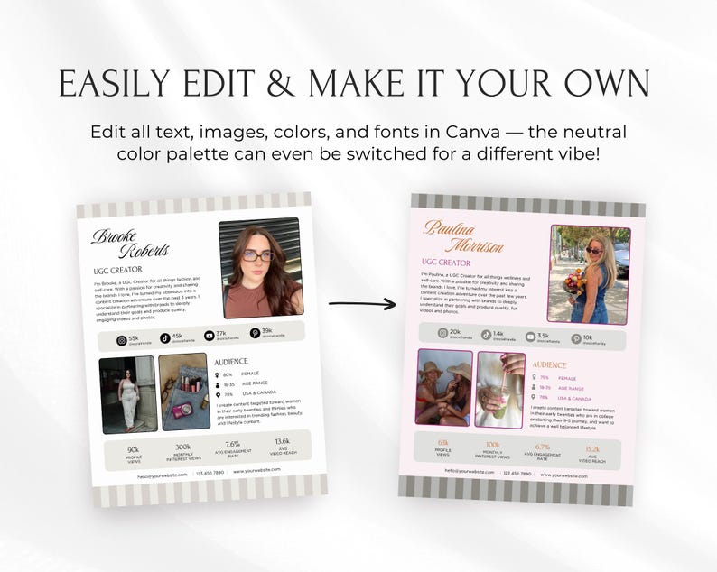 Pode incluir: Dois modelos de maquete para criadores de UGC. Os modelos est&atilde;o em um fundo branco com uma borda listrada. O texto "EASILY EDIT & MAKE IT YOUR OWN" est&aacute; no topo. Os modelos incluem fotos, texto e m&eacute;tricas de m&iacute;dia social.