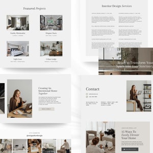 Op de afbeelding: Een website voor een interieurontwerpbureau met afbeeldingen van verschillende interieurontwerpprojecten, een contactformulier en een call-to-action om je aan te melden voor hun e-maillijst voor 15 manieren om je huis gemakkelijk te upgraden.