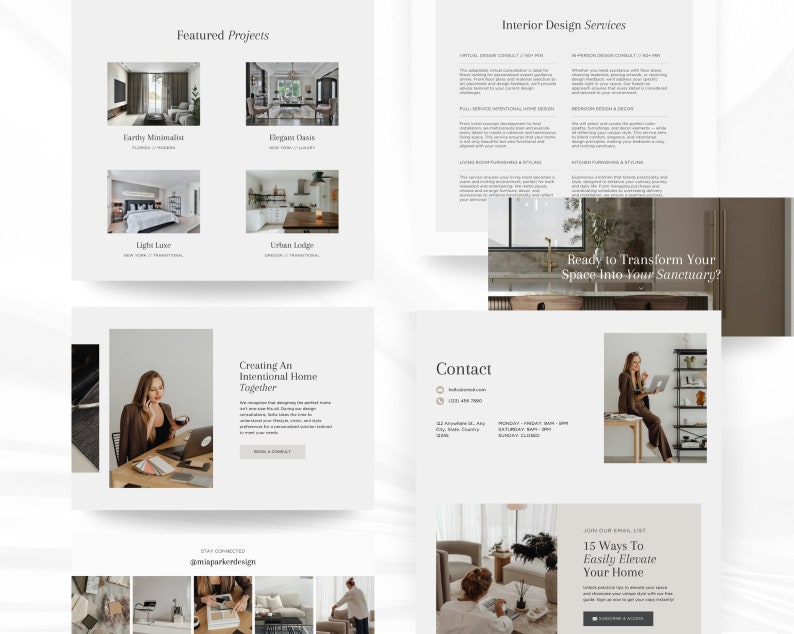 Op de afbeelding: Een website voor een interieurontwerpbureau met afbeeldingen van verschillende interieurontwerpprojecten, een contactformulier en een call-to-action om je aan te melden voor hun e-maillijst voor 15 manieren om je huis gemakkelijk te upgraden.