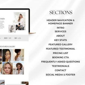Puede incluir: Una maqueta de sitio web para una maquilladora, que presenta una galer&iacute;a de fotos, una lista de servicios y una secci&oacute;n titulada "Secciones" con una lista de secciones del sitio web, que incluyen "Navegaci&oacute;n de encabezado y banner de p&aacute;gina de inicio", "Introducci&oacute;n", "Servicios", "Acerca de", "Estad&iacute;sticas clave", "Galer&iacute;a de fotos destacada", "Testimonio destacado", "Lista de precios", "Llamada a la reserva", "Preguntas frecuentes", "Testimonios", "Contacto" y "Redes sociales y pie de p&aacute;gina".