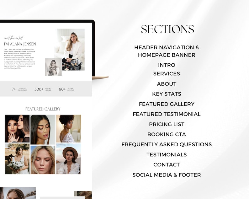 Puede incluir: Una maqueta de sitio web para una maquilladora, que presenta una galer&iacute;a de fotos, una lista de servicios y una secci&oacute;n titulada "Secciones" con una lista de secciones del sitio web, que incluyen "Navegaci&oacute;n de encabezado y banner de p&aacute;gina de inicio", "Introducci&oacute;n", "Servicios", "Acerca de", "Estad&iacute;sticas clave", "Galer&iacute;a de fotos destacada", "Testimonio destacado", "Lista de precios", "Llamada a la reserva", "Preguntas frecuentes", "Testimonios", "Contacto" y "Redes sociales y pie de p&aacute;gina".
