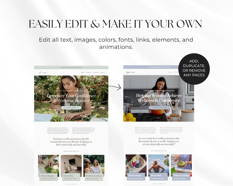 May include: A digital marketing template with the text "EASILY EDIT & MAKE IT YOUR OWN". The template features two website mockups with the text "Empower Your Confidence & Wellness Journey" and "Helping Women Achieve Wellness & Confidence".