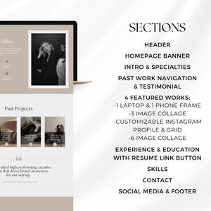 May include: A website mockup showcasing a portfolio for a creative professional. The website features sections for "My Specialties", "Past Projects", and "4 Featured Works". The website also includes sections for "Experience & Education", "Skills", "Contact", and "Social Media & Footer".