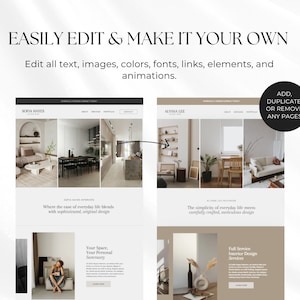 Op de afbeelding: Twee website-mockups voor interieurontwerpbureaus. De eerste mockup heeft een lichtbruine achtergrond met de tekst "SOFRA HAYES INTERIORS" en een collage van vier afbeeldingen van een woonkamer, een eetkamer en een keuken. De tweede mockup heeft een lichtbruine achtergrond met de tekst "ALYSSA LEE INTERIOR DESIGN" en een collage van vier afbeeldingen van een woonkamer, een eetkamer en een keuken. De tekst "TOEVOEGEN, DUPLICEREN OF VERWIJDEREN VAN PAGINA'S" staat in een wit kader in de rechterbovenhoek van de afbeelding.
