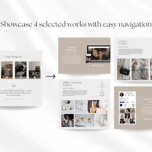 May include: A collage of four images showcasing different services offered by a business. The images include a website design, an affiliate marketing program, content creation, and social media plans. The text "Showcase 4 selected works with easy navigation" is at the top of the image.