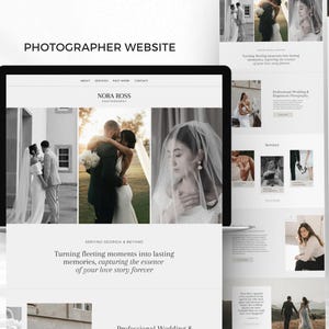 May include: A website design for a photographer, displayed on a laptop and other devices. The website features wedding photography with images of couples. The text includes "Nora Ross Photography" and "Turning fleeting moments into lasting memories, capturing the essence of your love story forever."