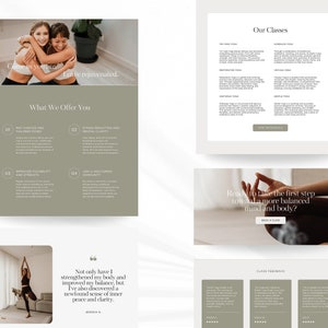 May include: A website for a yoga studio with a light green and white color scheme. The website features images of people practicing yoga, text about the benefits of yoga, and a call to action to book a class. The text on the website reads "Come as you are. Leave rejuvenated." and "What We Offer You".