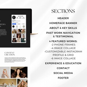 K&ouml;nnte beinhalten: Ein Laptop-Bildschirm zeigt ein Website-Mockup mit dem Text "Social Media Plan" und "Content Creation" auf schwarzem Hintergrund. Die Website enth&auml;lt auch einen Abschnitt mit dem Titel "Sections" mit einer Liste von Website-Abschnitten, darunter "Header", "Homepage Banner", "About & Key Skills", "Past Work Navigation & Testimonial", "4 Featured Works", "Experience & Education", "Contact", "Social Media" und "Footer".