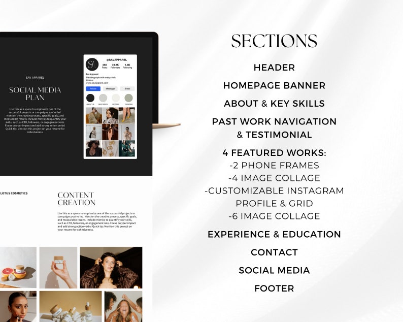 K&ouml;nnte beinhalten: Ein Laptop-Bildschirm zeigt ein Website-Mockup mit dem Text "Social Media Plan" und "Content Creation" auf schwarzem Hintergrund. Die Website enth&auml;lt auch einen Abschnitt mit dem Titel "Sections" mit einer Liste von Website-Abschnitten, darunter "Header", "Homepage Banner", "About & Key Skills", "Past Work Navigation & Testimonial", "4 Featured Works", "Experience & Education", "Contact", "Social Media" und "Footer".