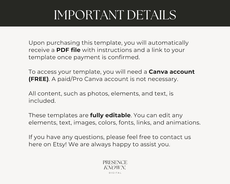 May include: A digital template details page with the title "IMPORTANT DETAILS" at the top. The text explains the template's features, including a PDF file, Canva account access, and full editability. The bottom includes the seller's logo.
