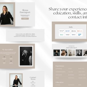 May include: A beige and white resume template with a photo of a woman. The text "Alyssa Davenport" is at the top of the page. The text "Share your experience, education, skills, and contact info" is at the top of the page. The text "My Specialties" is at the top of the page. The text "Contact Alyssa" is at the bottom of the page. The text "Skills" is at the top of the page. The text "Experience" is at the top of the page. The text "Education" is at the bottom of the page.