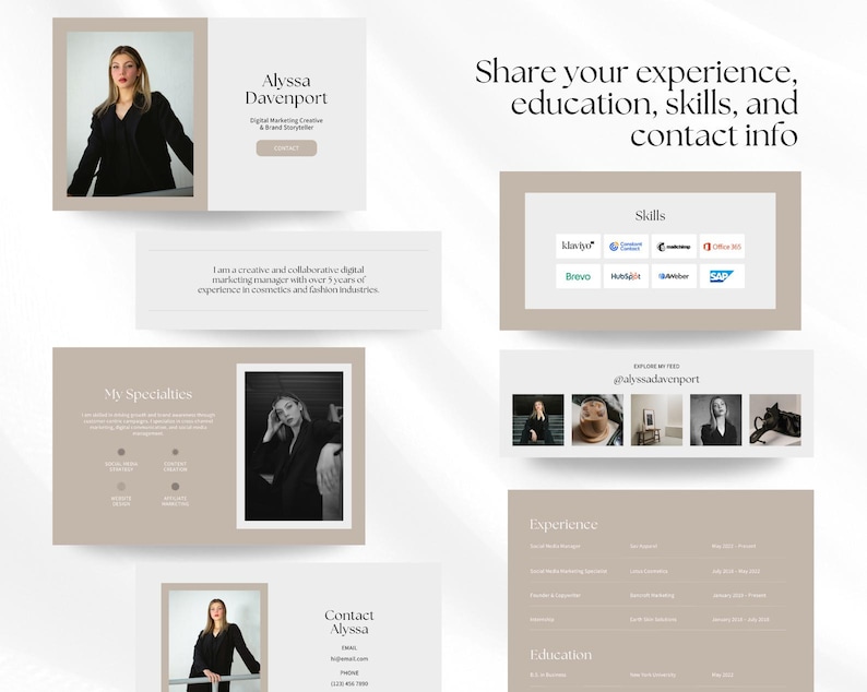 May include: A beige and white resume template with a photo of a woman. The text "Alyssa Davenport" is at the top of the page. The text "Share your experience, education, skills, and contact info" is at the top of the page. The text "My Specialties" is at the top of the page. The text "Contact Alyssa" is at the bottom of the page. The text "Skills" is at the top of the page. The text "Experience" is at the top of the page. The text "Education" is at the bottom of the page.